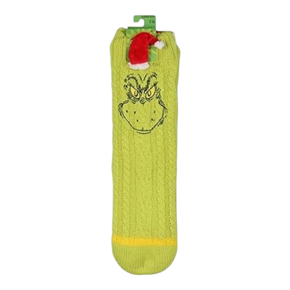 Dr Seuss Grinch Adult Sherpa Lined Grinch Santa Hat Sweater Knit Slipper Socks - Picture 14 of 16